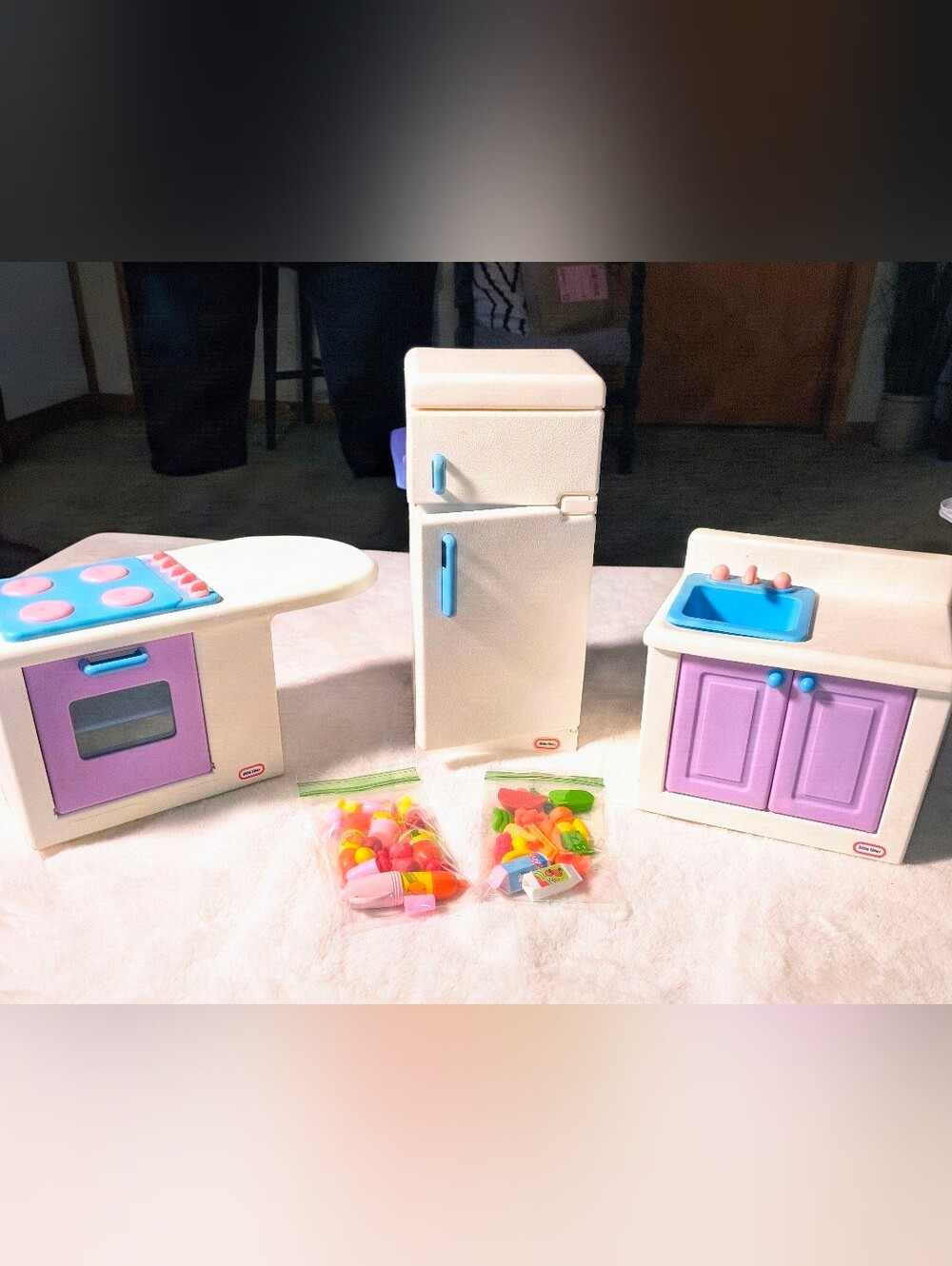 Vintage Little Tikes Dollhouse Kitchen Furniture Set + Play Food Lot 80s 90s